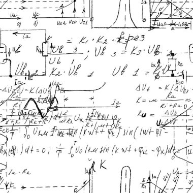El yazısı formülleri ve elektronik bileşenleriyle bilimsel kusursuz doku. Fizik, şematik diyagram ve cihazların devreleri. Vektör. 