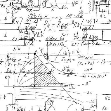 El yazısı formülleri ve elektronik bileşenleriyle bilimsel kusursuz doku. Fizik, şematik diyagram ve cihazların devreleri. Vektör. 