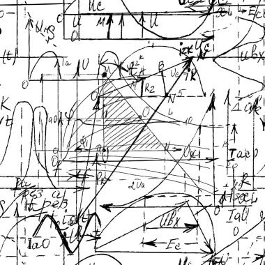 El yazısıyla yazılmış matematik, cebir ve geometri formülleri ve grafikleri, fonksiyonları, hesaplamaları ve işlemleri olan matematiksel dikişsiz doku. Vektör.