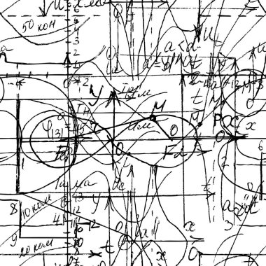 El yazısıyla yazılmış matematik, cebir ve geometri formülleri ve grafikleri, fonksiyonları, hesaplamaları ve işlemleri olan matematiksel dikişsiz doku. Vektör.