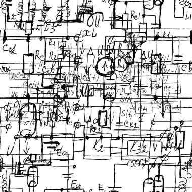 El yazısı formülleri ve elektronik bileşenleriyle bilimsel kusursuz doku. Fizik, şematik diyagram ve cihazların devreleri. Vektör. 