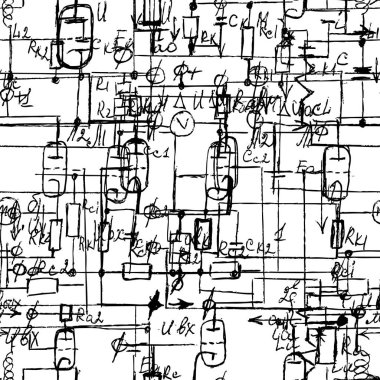 El yazısı formülleri ve elektronik bileşenleriyle bilimsel kusursuz doku. Fizik, şematik diyagram ve cihazların devreleri. Vektör. 
