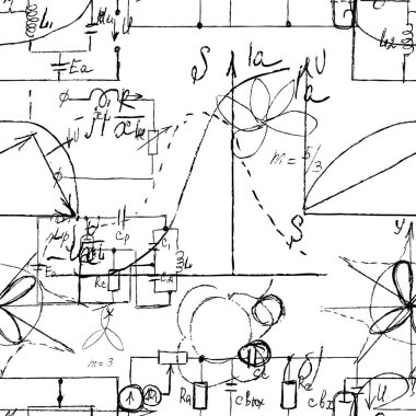 El yazısı formülleri ve elektronik bileşenleriyle bilimsel kusursuz doku. Fizik, şematik diyagram ve cihazların devreleri. Vektör. 