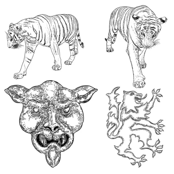 Conjunto Tigres Vivos Rugindo Rosnando Desenho Vivo Feito Corpo Pedra —  Vetores de Stock