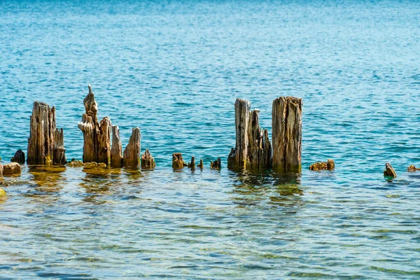 Landscape Huron Lake Water Old Withered Wooden Dock Posts Marina — Stockfoto