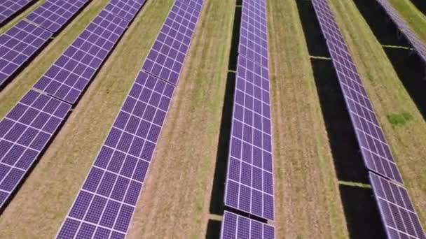 Aerial View Modern Photovoltaic Solar Panels Charge Battery Flying Rows — Vídeo de stock