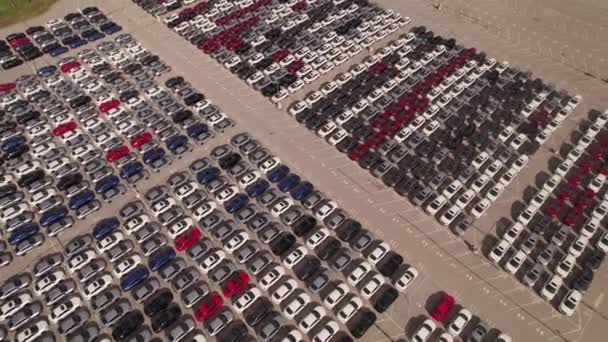 Vista Aérea Almacenamiento Coches Estacionamiento Coches Nuevos Vendidos Vehículo Fabricante — Vídeos de Stock