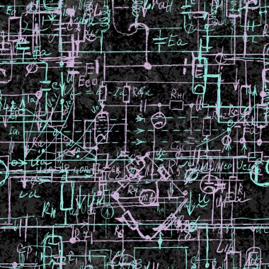El yazısıyla yazılmış matematiksel ve fiziksel formüllere, elektronik bileşenlere, şematik diyagrama ve cihazların devresine sahip bilimsel kusursuz bir arka plan. Tebeşir tahtalarında elektrikçi deseni var. Vektör. 