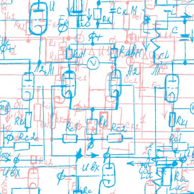 El yazısı fiziksel ve matematiksel formüller, elektronik bileşenler, Şematik diyagramı ve cihazların devre ile bilimsel sorunsuz arka plan. Elektrikçi desen. Vektör. 