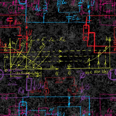 El yazısıyla yazılmış matematiksel ve fiziksel formüllere, elektronik bileşenlere, şematik diyagrama ve cihazların devresine sahip bilimsel kusursuz bir arka plan. Tebeşir tahtalarında elektrikçi deseni var. Vektör. 