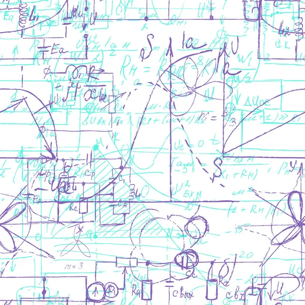 Textura Científica Sin Costuras Con Fórmulas Manuscritas Componentes Electrónicos Dibujo — Vector de stock