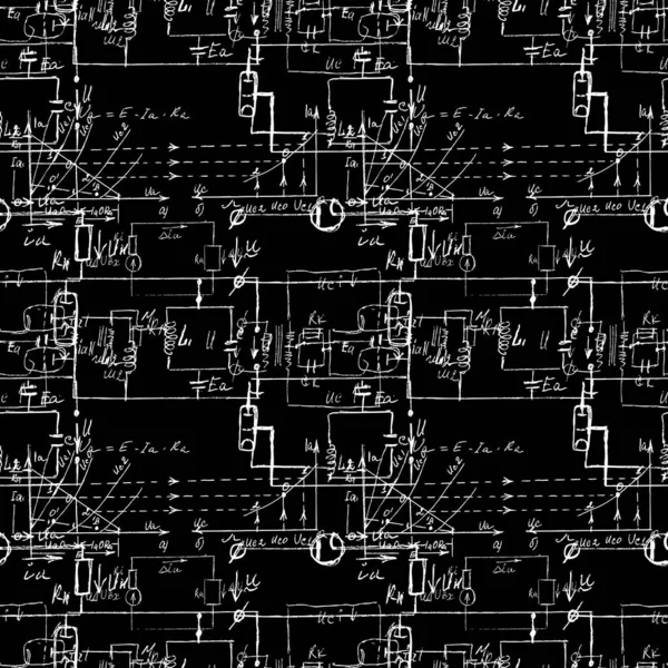 Textura Sem Costura Científica Com Fórmulas Manuscritas Componentes Eletrônicos Desenho —  Vetores de Stock