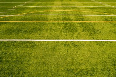 Oyuncuları olmayan boş futbol sahası manzarası. Çimen, beyaz boya çizgileri ve işaretleri olan bir futbol sahası. Yeşil yüzeyi olan spor futbolu ve futbol. Eğlence etkinliği.