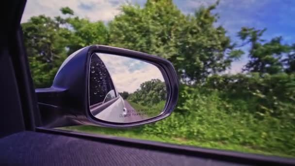 View Side Mirror Car While Driving Rural Country Side Bumpy — Stock Video