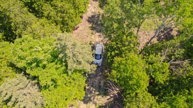 Yeşil ormanın kırsal kesiminde yazın ağaçlarla birlikte yolun dışına çıkan arabanın üzerindeki hava aracı. Vahşi doğada tek arabalı Dağ Ormanı Yolu. Macera ve tatil.