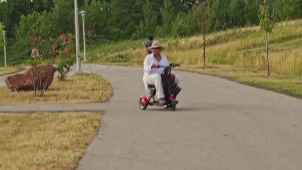 坐在轮椅上的残疾女子滑板车在晚上享受夏季公园的乐趣 有行动障碍的无忧无虑妇女使用电动三轮轮椅滑板车玩乐 — 图库视频影像