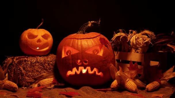 Halloween Pompoenen Donker Arrangement Voor Welkomstviering Voortuin Decoratie Allerheiligen Dag — Stockvideo