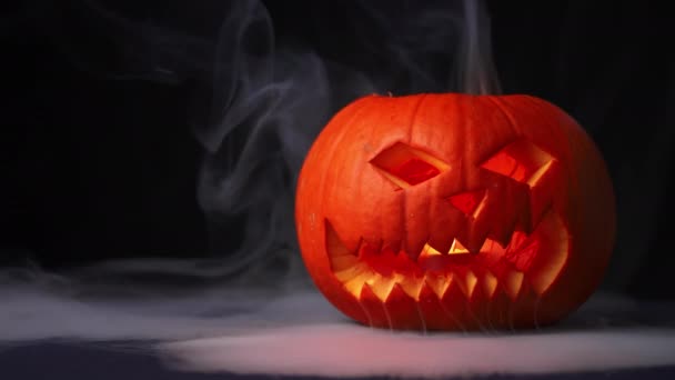 Two Pumpkins Smoke Candle Dark Background Haze Everywhere Concept Halloween — Stock Video