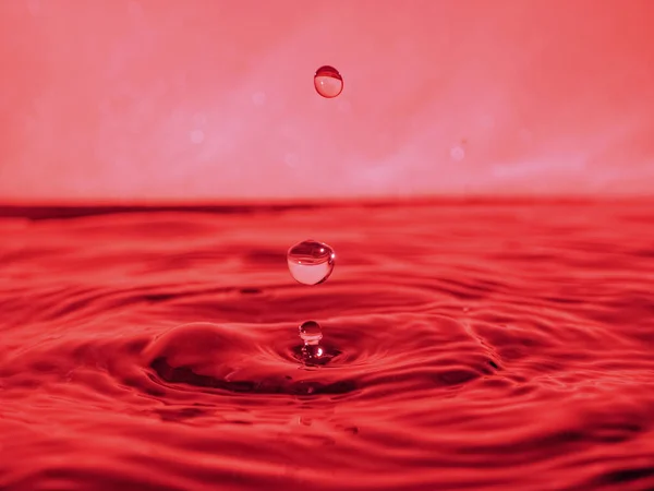 Una Gota Roja Gotea Agua Crea Salpicaduras Diferentes Formas Debido —  Fotos de Stock