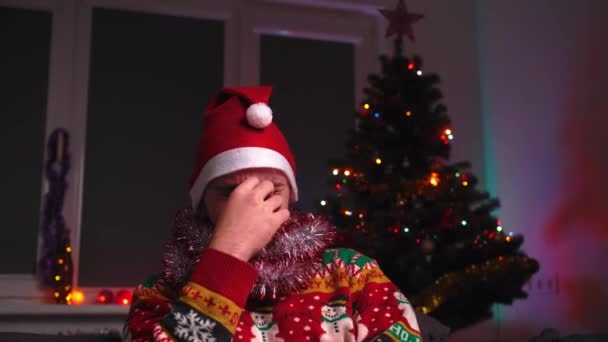 Young Man Sitting Couch Very Upset Something Wearing Christmas Sweater — Stock Video