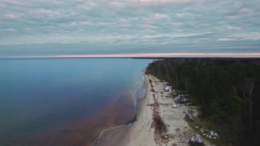 Çam ağaçlarıyla kumlu bir sahilde uçan drone.