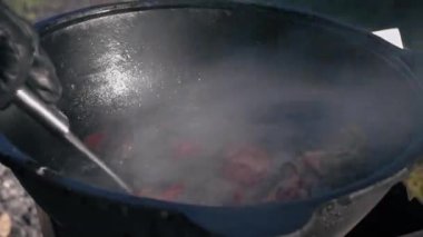 Soğan, et, sebze, patates kızartma sürecinde Özbek milli mutfağından kazan kebap pişirmek ve tüm yemeği pişirmek, dinlenmek ve doğada yemek.