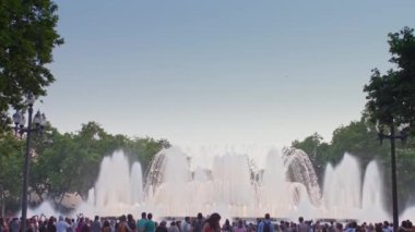 Spain Barcelona - May 28, 2022 Magic singing magic fountains of Montjuic, people watch the performance that takes place several times a week