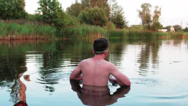 Young Guy Swimming Goggles Dives Swims Pond Dolomite Quarry Filled — Video Stock