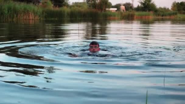 Young Guy Swimming Goggles Dives Swims Pond Dolomite Quarry Filled — Video Stock