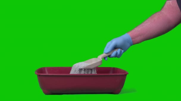 Man Cleans Cats Toilet Green Screen Concept Cleaning High Quality — Stockvideo