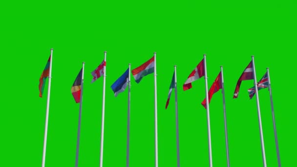 Flagi Krajów Europejskich Rozwijają Się Tle Błękitnego Nieba Wysokiej Jakości — Wideo stockowe