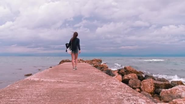 素晴らしい女性は 海の天気の良い日に桟橋に沿って歩きます 高品質4K映像 — ストック動画