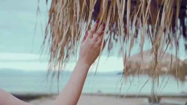 Palm Young Woman Glides Leaves Straw Umbrella Bakgrund Havet Högkvalitativ — Stockvideo