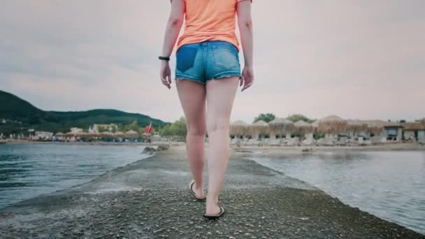 Kadın Arka Plan Denizi Sahile Karşı Ters Kamerayla Iskelede Yürüyor — Stok video