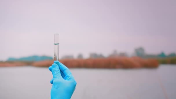 Tubo Teste Com Água Mão Ecologista Testador Água Lago Determinar — Vídeo de Stock