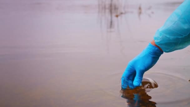Water Pollution Hand Scientist Blue Glove Collects Water Volumetric Flask — Stock Video