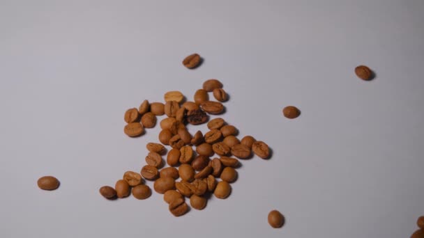 Kávová Zrna Izolovaném Bílém Pozadí Kapka Fazolí Její Skupiny — Stock video