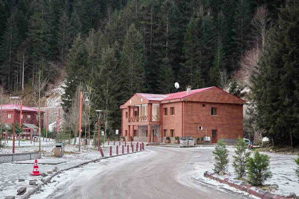 Route Glacée Maison Bois Faite Uzungol Dinde Trabzon Pin Neige — Photo