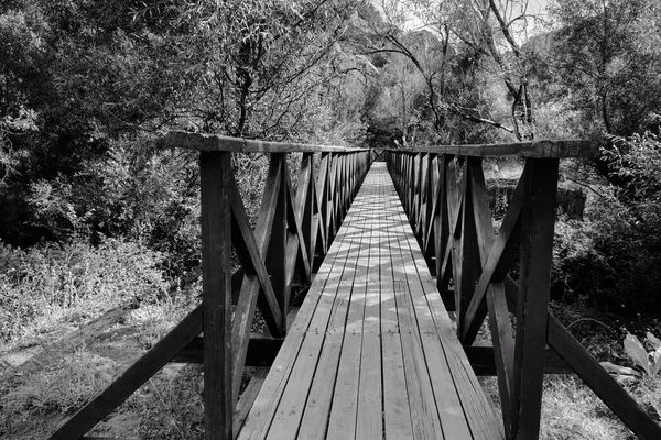 Black White Bridge Photo Suspencion Wooden Bridge Shadows — Stock Photo, Image
