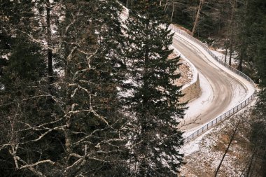 Tek sıra yol, kar ve çam ağaçları arka plan