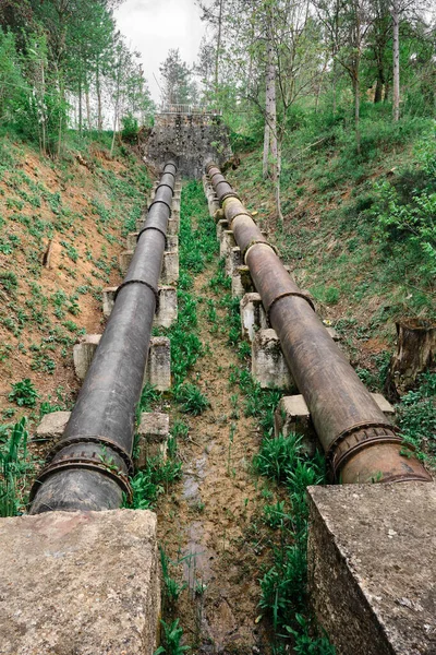 Big Metal Pipes Low Angle View Water Transfer Pipes Hydroelectric — Stock Photo, Image