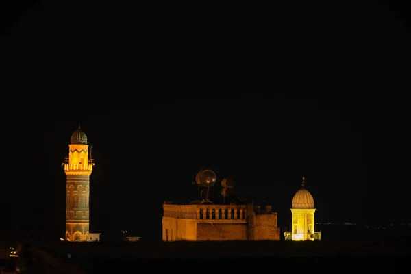 Night Mardin City Top View Ancient Mosque Minarets Illuminated Building — Stockfoto