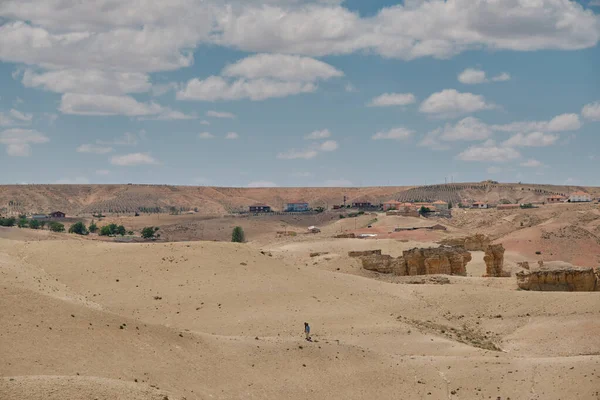 landscape of the desert in the Turkey, Konya, Desert sand, aerial photo of desert and rock formation and small village