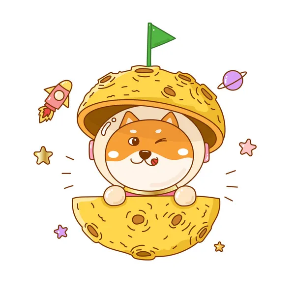 Doge Desenho Animado Moeda Shiba Inu Lua Com Bandeira Verde —  Vetores de Stock