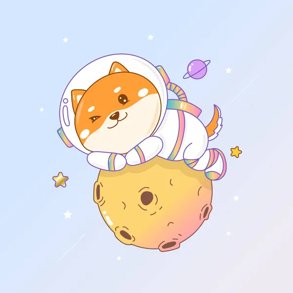 Dibujos Animados Moneda Doge Shiba Inu Superior Luna Galaxia Con — Vector de stock