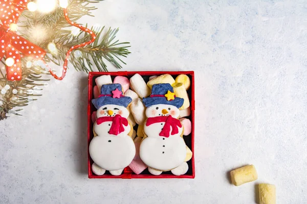 Christmas Cookies Marshmallow Table Winter Holidays Festive Decorations Symbols Top — Stock Photo, Image