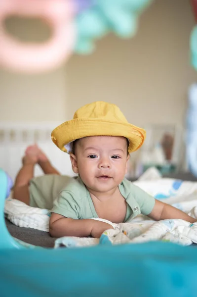Adorable Months Old Mixed Race Newborn Baby Boy Wearing Hat — Foto Stock