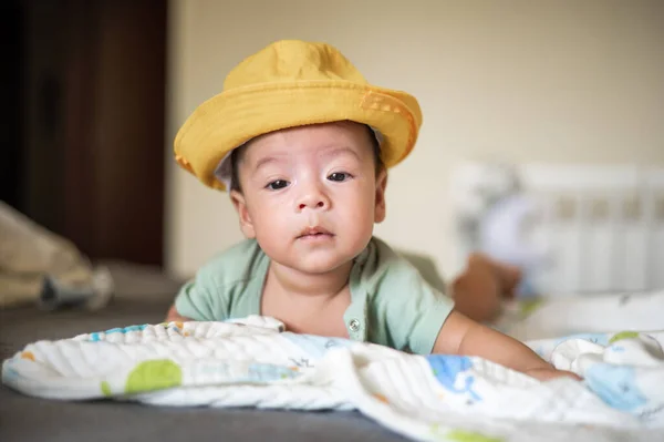 Adorable Months Old Mixed Race Newborn Baby Boy Wearing Hat — Stock Photo, Image