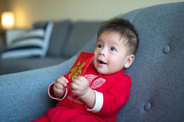 Asian Baby Boy Holding Red Pocket Envelope Lunar New Year — Stock Photo, Image