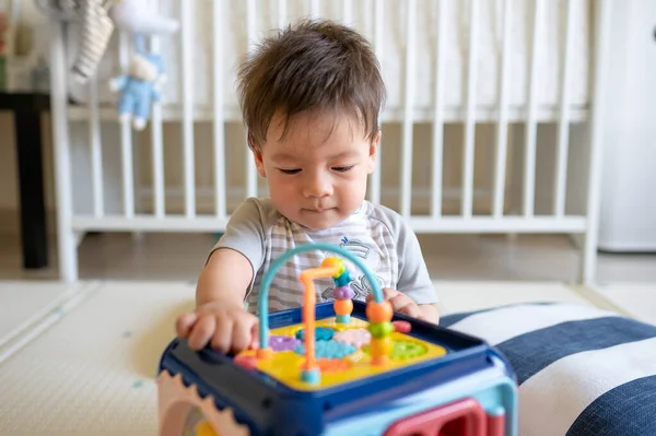Months Old Mixed Race Baby Boy Playing Activity Box Bedroom — Stock Photo, Image